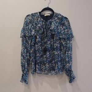 Blue Floral Tie-Neck Ruffle Blouse